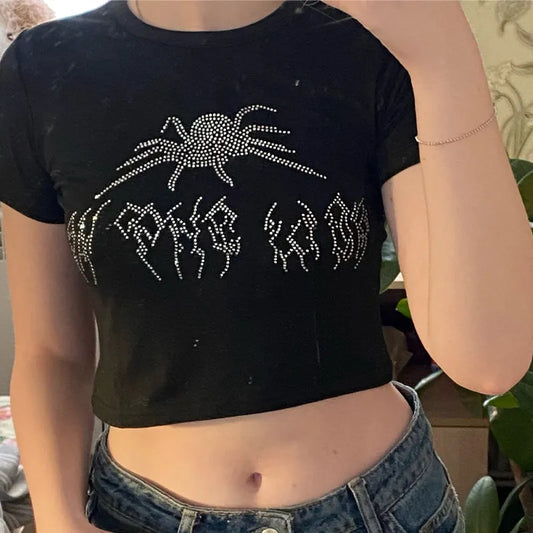 Diamante Spider Crop Tops