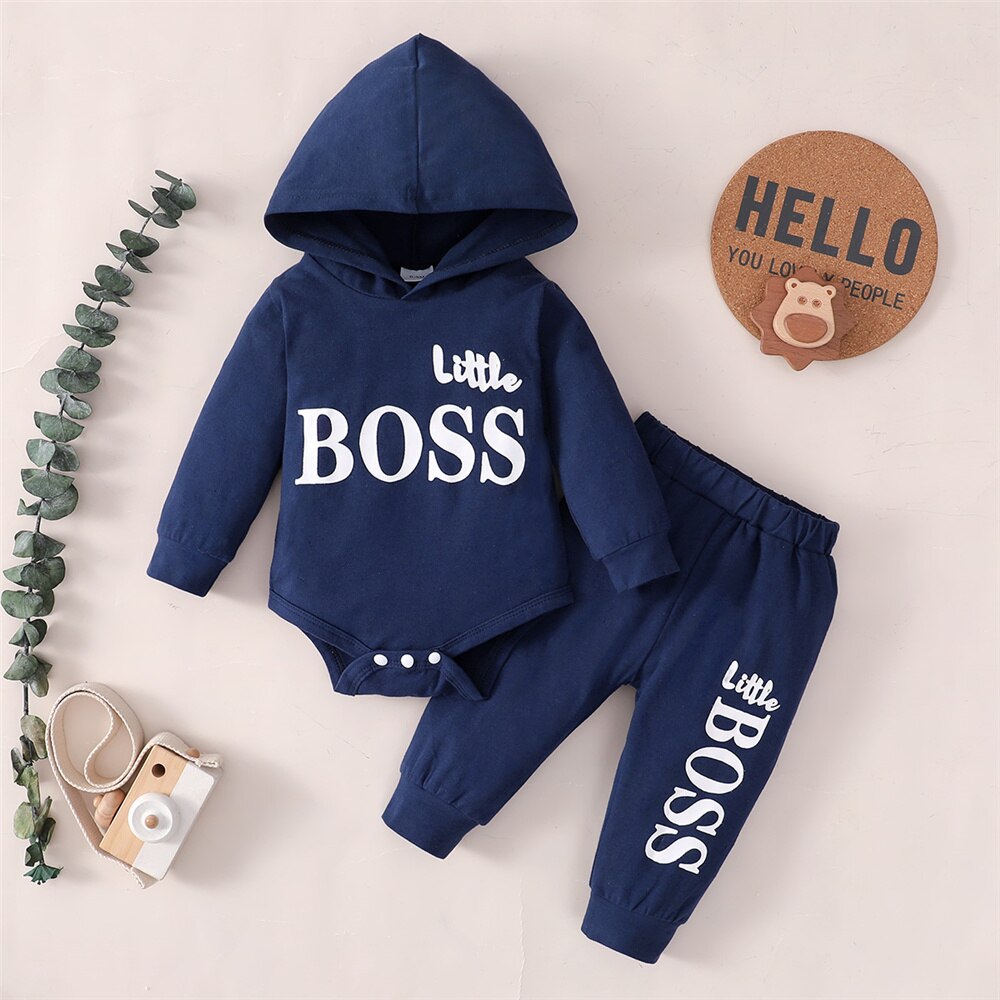 Two Piece "Mini Boss" Slogan Hooded Romper And Pants