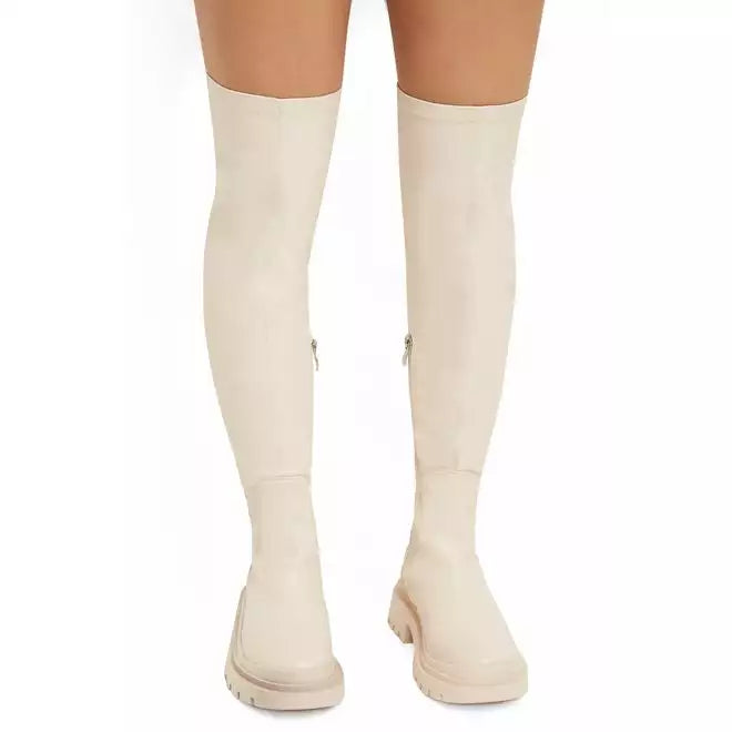 Cream Chunky Platform Stretch Over The Knee Boots