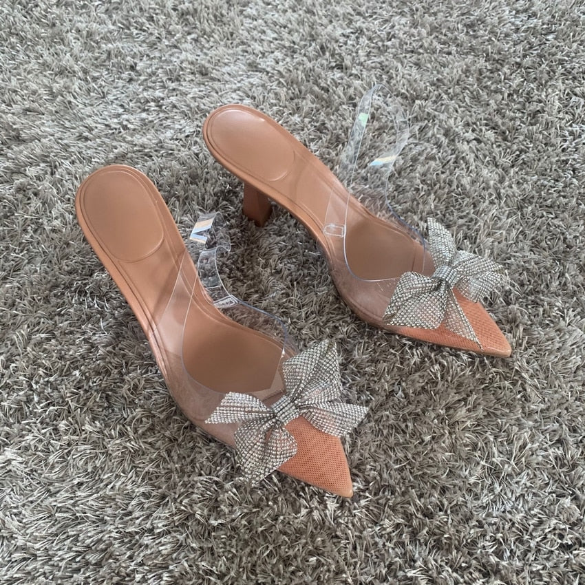 Transparent Bow Rhinestone Pointed Toe Heels