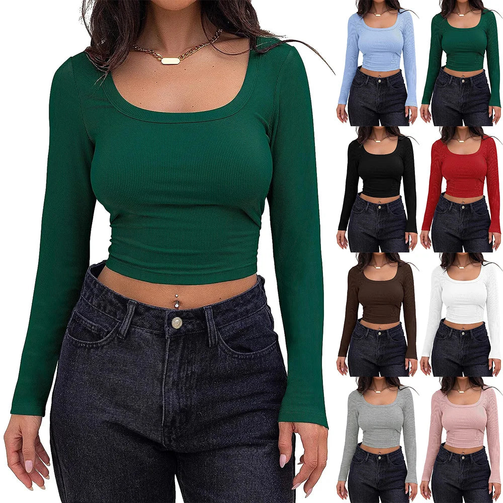 Ribbed Long Sleeve Square Neck Crop Top