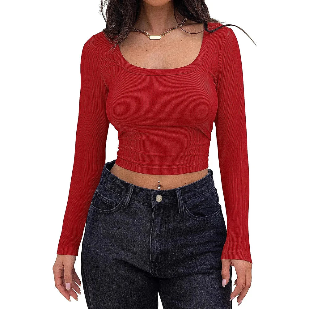 Ribbed Long Sleeve Square Neck Crop Top