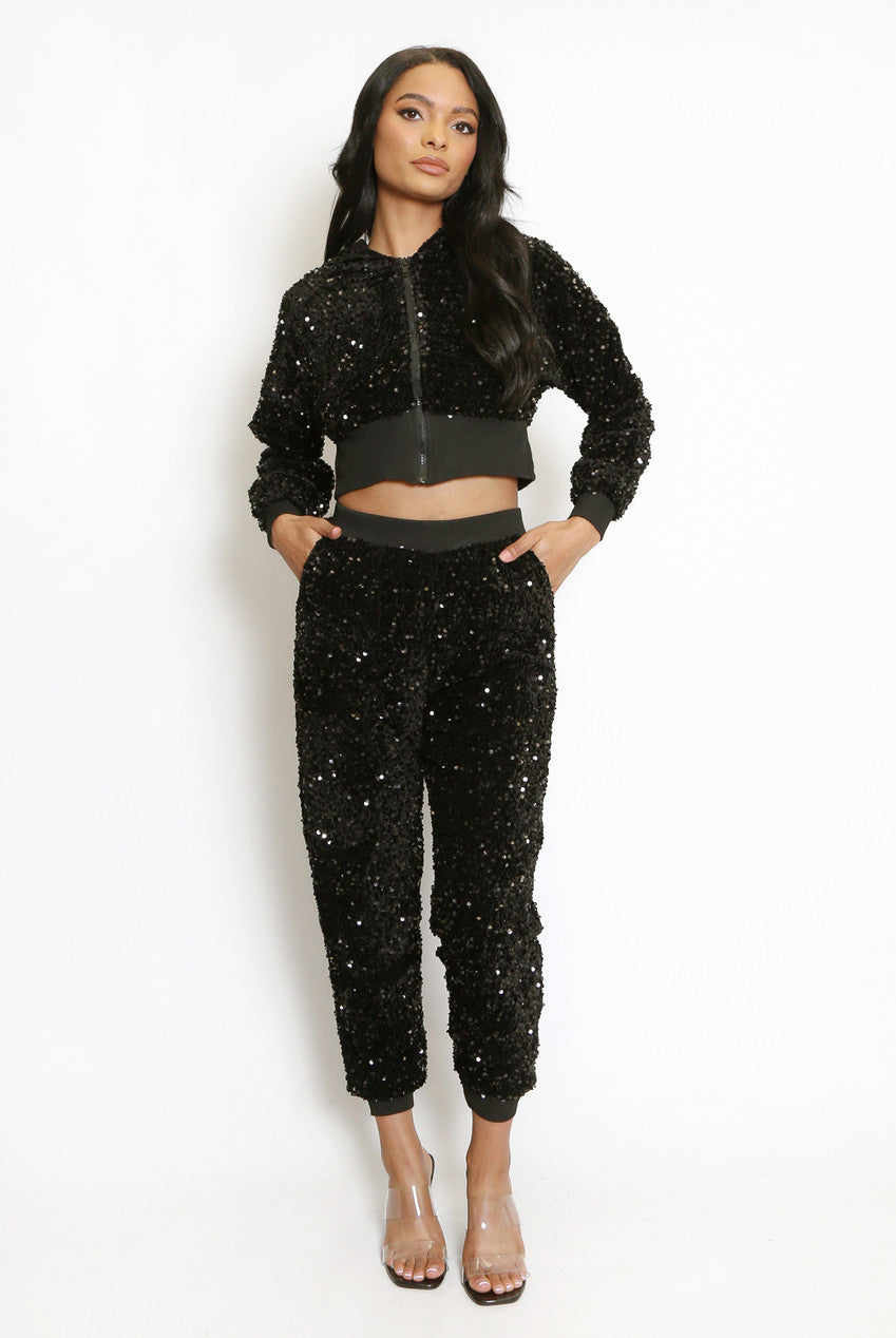 Sequin Cropped Hoodie And Joggers Set