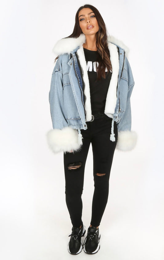 White Faux Fur Oversized Denim Jacket