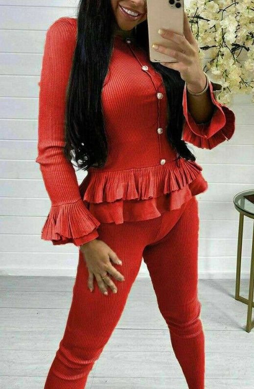 Ribbed Peplum Button Loungewear - One size / Red