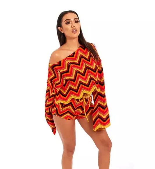 Orange Aztec Multi Zig Zag Short Set