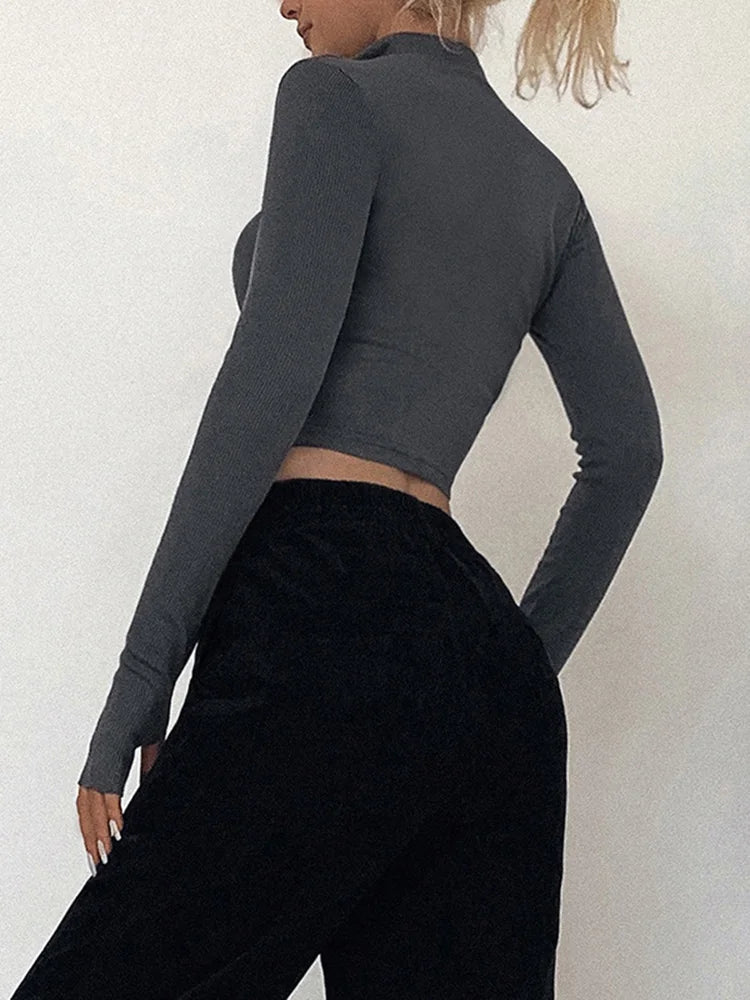 Long Sleeved Cropped Turtleneck Zip Up Top